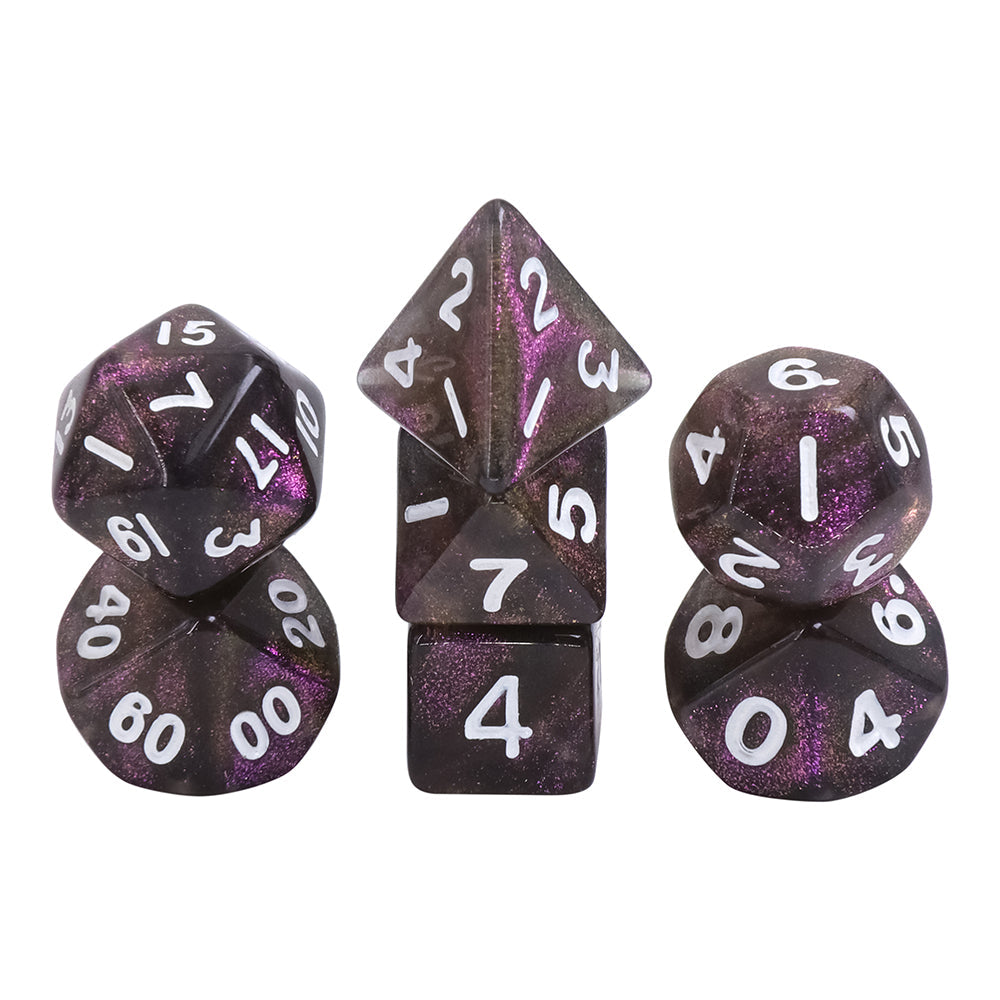 Purple Iridescent 7-Dice Mini-Dice RPG Set w/White Numbers Miniature Dice (Online Only)