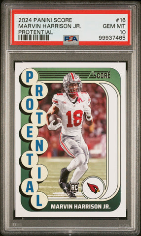 Graded 2024 Panini Score Marvin Harrison Jr #16 Protential Rookie RC Football Card PSA 10 Gem Mint (ONLINE ORDER ONLY)