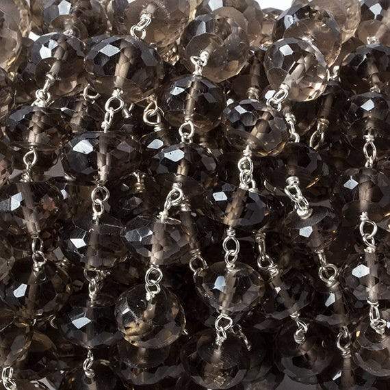 8.5-9.5mm Smoky Quartz faceted rondelle .925 Silver Chain by the foot 31 pcs (ONLINE ORDER ONLY)