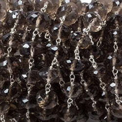 8.5-9.5mm Smoky Quartz faceted rondelle .925 Silver Chain by the foot 31 pcs (ONLINE ORDER ONLY)