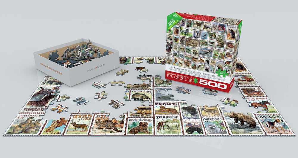 Puzzle: Variety 500 Pieces - Animals of North America - Vintage Stamps (ONLINE ORDER ONLY)