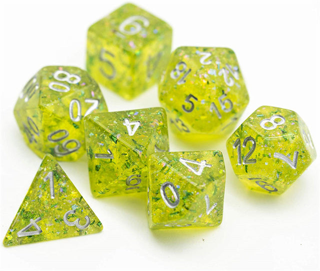 Green Cloud Brocade Powder 7-Dice Dnd Dice | Glitter w/Silver Numbers Set (Online Only)