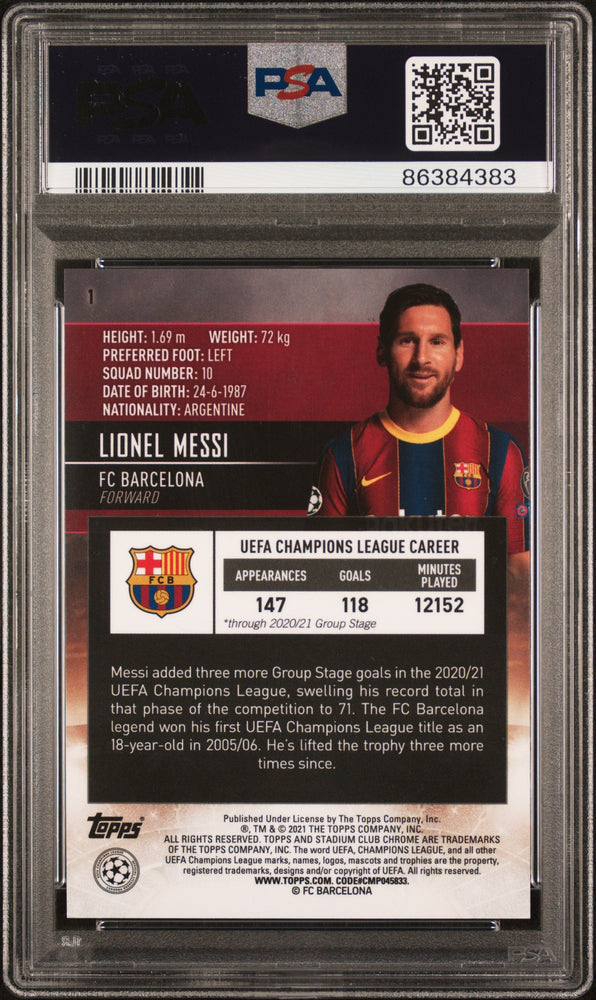 Graded 2020-21 Topps Stadium Club Chrome UCL Lionel Messi #1 Champions League Soccer Card PSA 10 Gem Mint (ONLINE ORDER ONLY)