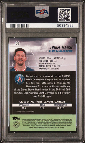 Graded 2021-22 Topps Stadium Club Chrome UCL Lionel Messi #30 Champions League Soccer Card PSA 10 Gem Mint (ONLINE ORDER ONLY)