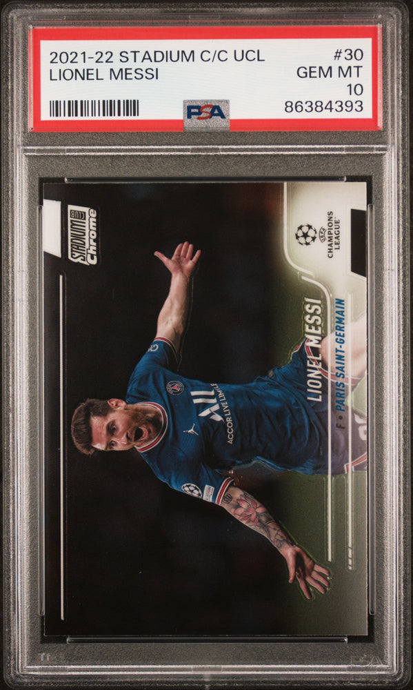 Graded 2021-22 Topps Stadium Club Chrome UCL Lionel Messi #30 Champions League Soccer Card PSA 10 Gem Mint (ONLINE ORDER ONLY)