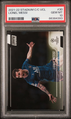 Graded 2021-22 Topps Stadium Club Chrome UCL Lionel Messi #30 Champions League Soccer Card PSA 10 Gem Mint (ONLINE ORDER ONLY)