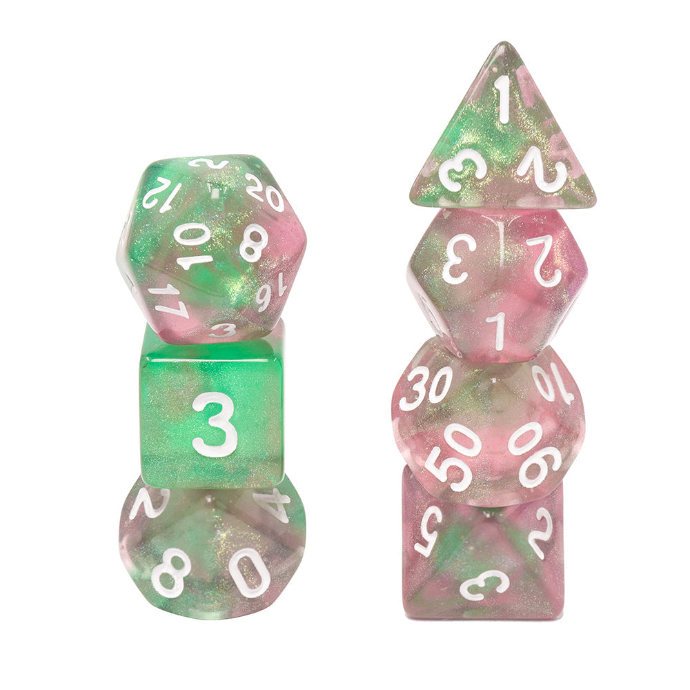 Rebirth 7-Dice Set Green/Pink w/White Numbers Dnd Dice Set (Blacklight reactive) (Online Only)