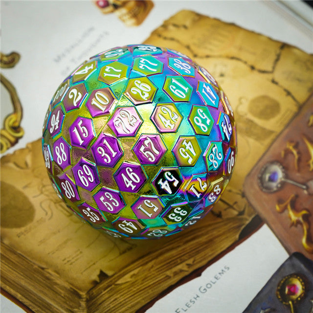Rainbow Metal Single 100 Sided Polyhedral Dice (D100) | w/ White Color (45mm) (Online Only)