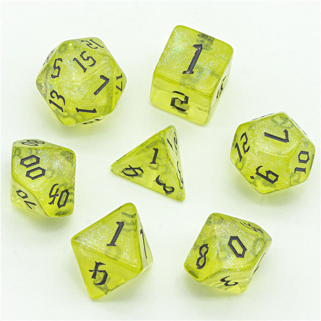 Yellow Glitter Party Glitter Dice (Silver font) 7-Dice Set RPG DND (Online Only)
