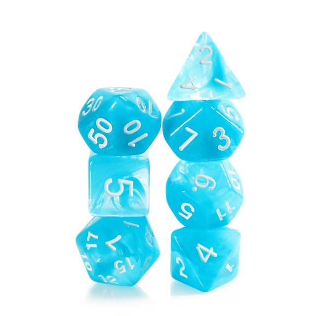 Sky Blue Swirl with White Numbering 7-Dice Set RPG (Online Only)