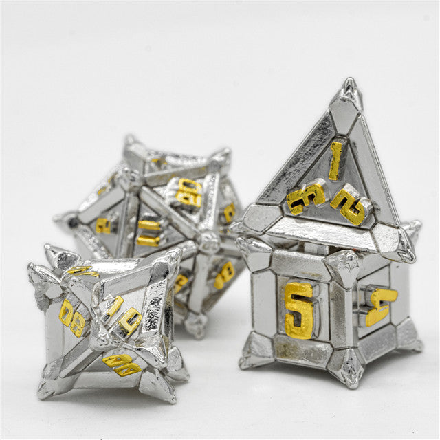 White w/Gold Pinwheel Strengthened Metal 7-Dice Set | Metal DND Dice (Online Only)