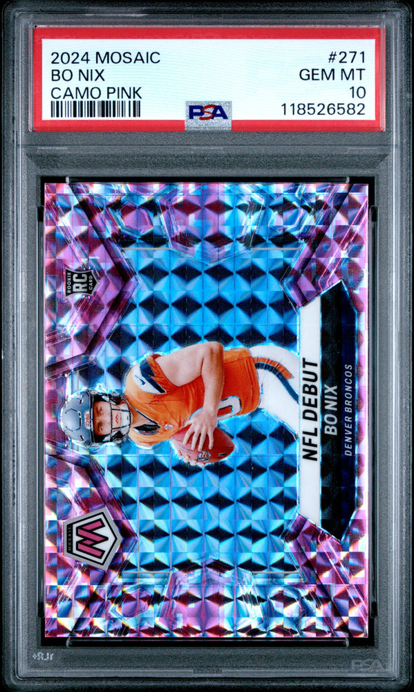 Graded 2024 Panini Mosaic Bo Nix #271 Camo Pink Rookie RC Football Card PSA 10 Gem Mint (ONLINE ORDER ONLY)