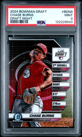 Graded 2024 Topps Bowman Draft Chase Burns #BDN8 Draft Night Rookie RC Baseball Card PSA 9 Mint (ONLINE ORDER ONLY)