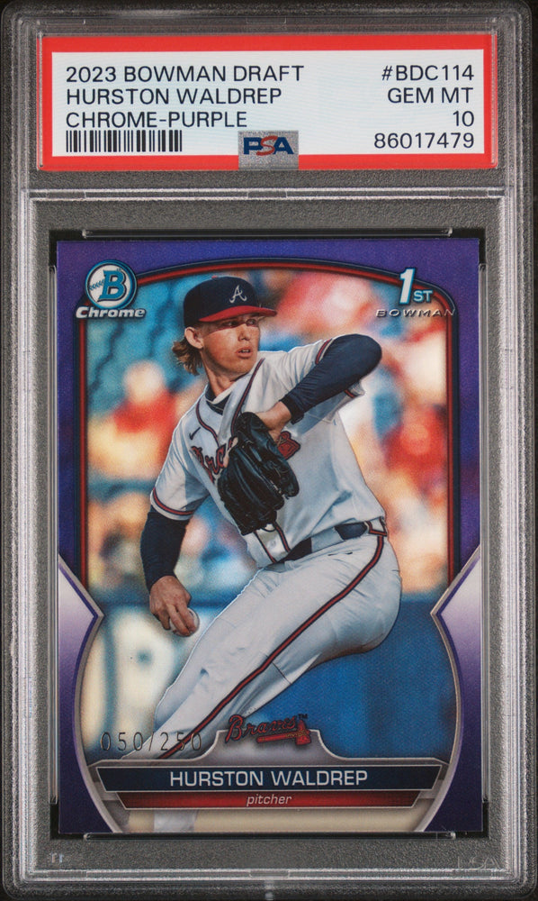 Graded 2023 Topps Bowman Draft Hurston Waldrep #BDC114 Chrome Purple /250 Rookie RC Baseball Card PSA 10 Gem Mint (ONLINE ORDER ONLY)
