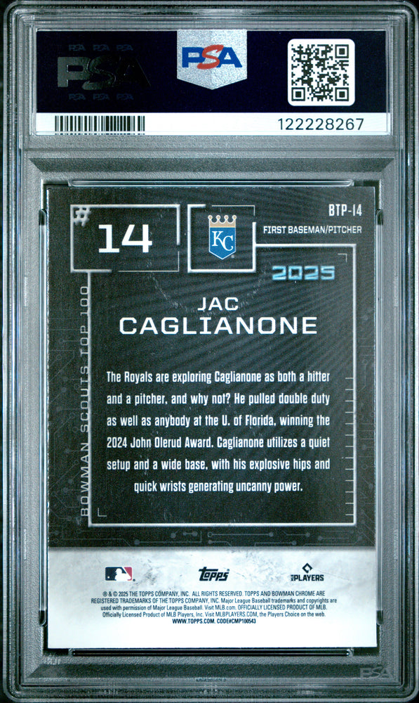Graded 2025 Topps Bowman Jac Caglianone #BTP14 Scouts Top 100 Rookie RC Baseball Card PSA 9 Mint (ONLINE ORDER ONLY)