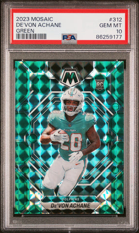 Graded 2023 Panini Mosaic Devon Achane #312 Green Rookie RC Football Card PSA 10 Gem Mint (ONLINE ORDER ONLY)