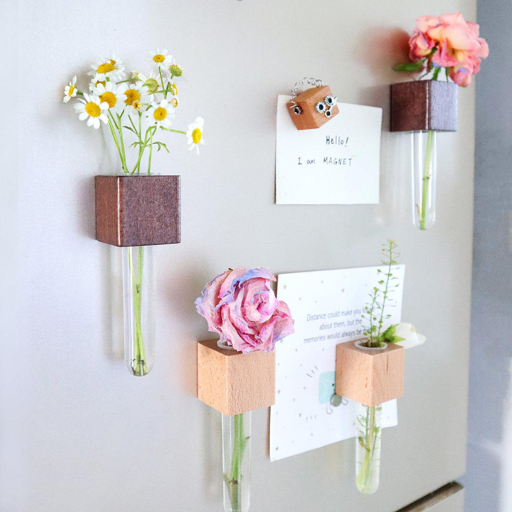 Mini Vase Magnets – Set of 2 – Beech & Walnut Wood – Decorative Fridge Magnets for Small Flowers or Greenery (ONLINE ORDER ONLY)