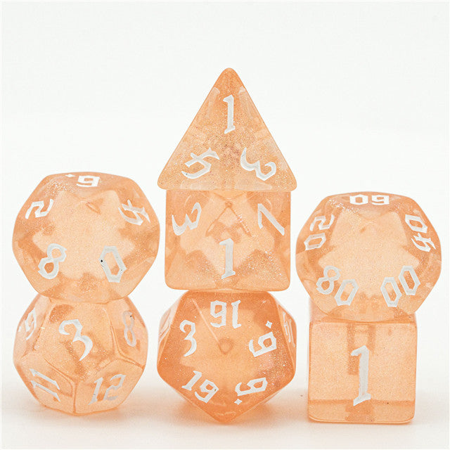 Peach Glitter Party Glitter Dice (White font) 7-Dice Set RPG DND (Online Only)