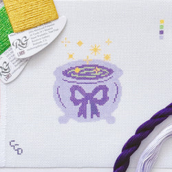Cotswold Co Designs - Magic Cauldren Halloween Needlepoint Canvas, 18 mesh, 4x4” design, modern trendy needlepoint canvas, bow Halloween needlepoint (ONLINE ORDER ONLY)
