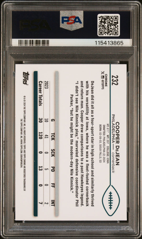 Graded 2024 Topps Chrome Cooper DeJean #232 Rookie RC Football Card PSA 10 Gem Mint (ONLINE ORDER ONLY)