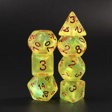 Lemon Yellow Glitter with Red Numbering 7-Dice Set RPG (Online Only)