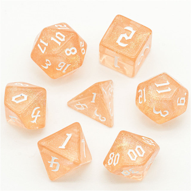 Peach Glitter Party Glitter Dice (White font) 7-Dice Set RPG DND (Online Only)