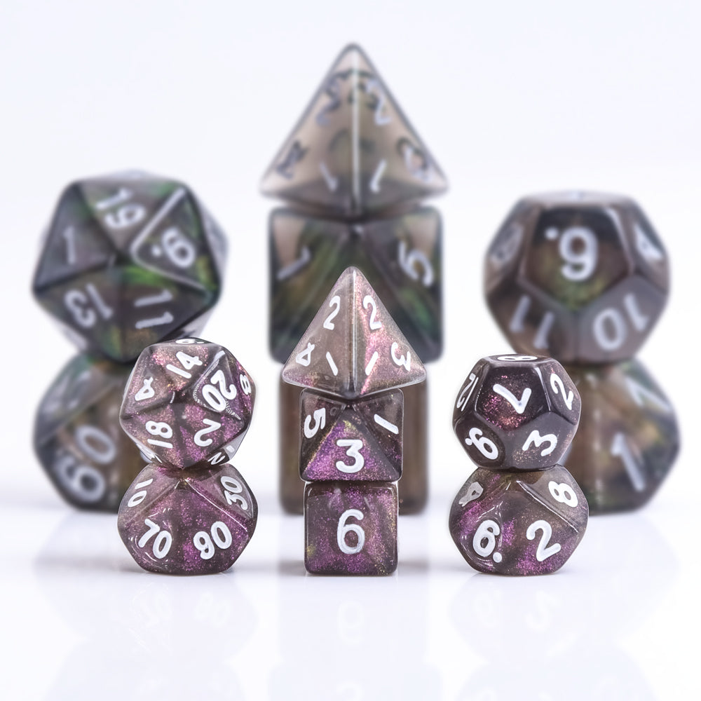 Purple Iridescent 7-Dice Mini-Dice RPG Set w/White Numbers Miniature Dice (Online Only)