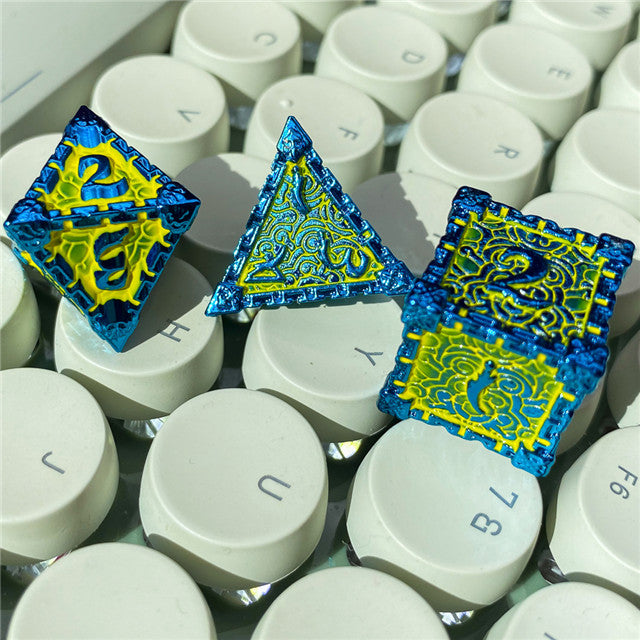 Blue and Yellow Metal Dice（Dagger of Venom）7-Dice Udixi RPG (Online Only)