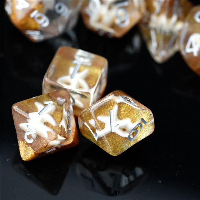 White Starfish Dice on Gold 7-Dice Set Resin Dungeons and Dragons Dice (Online Only)