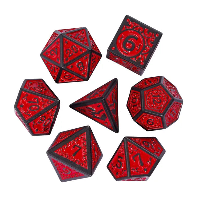 Black with Red Irregular Pattern Fill: 7-Piece Acrylic Dice Set (Online Only)