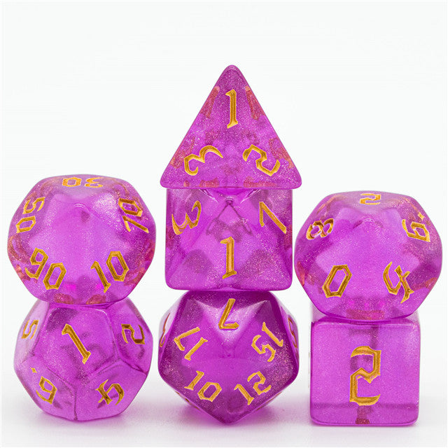 Violet Glitter Party Glitter Dice (Gold font) 7-Dice Set RPG DND (Online Only)