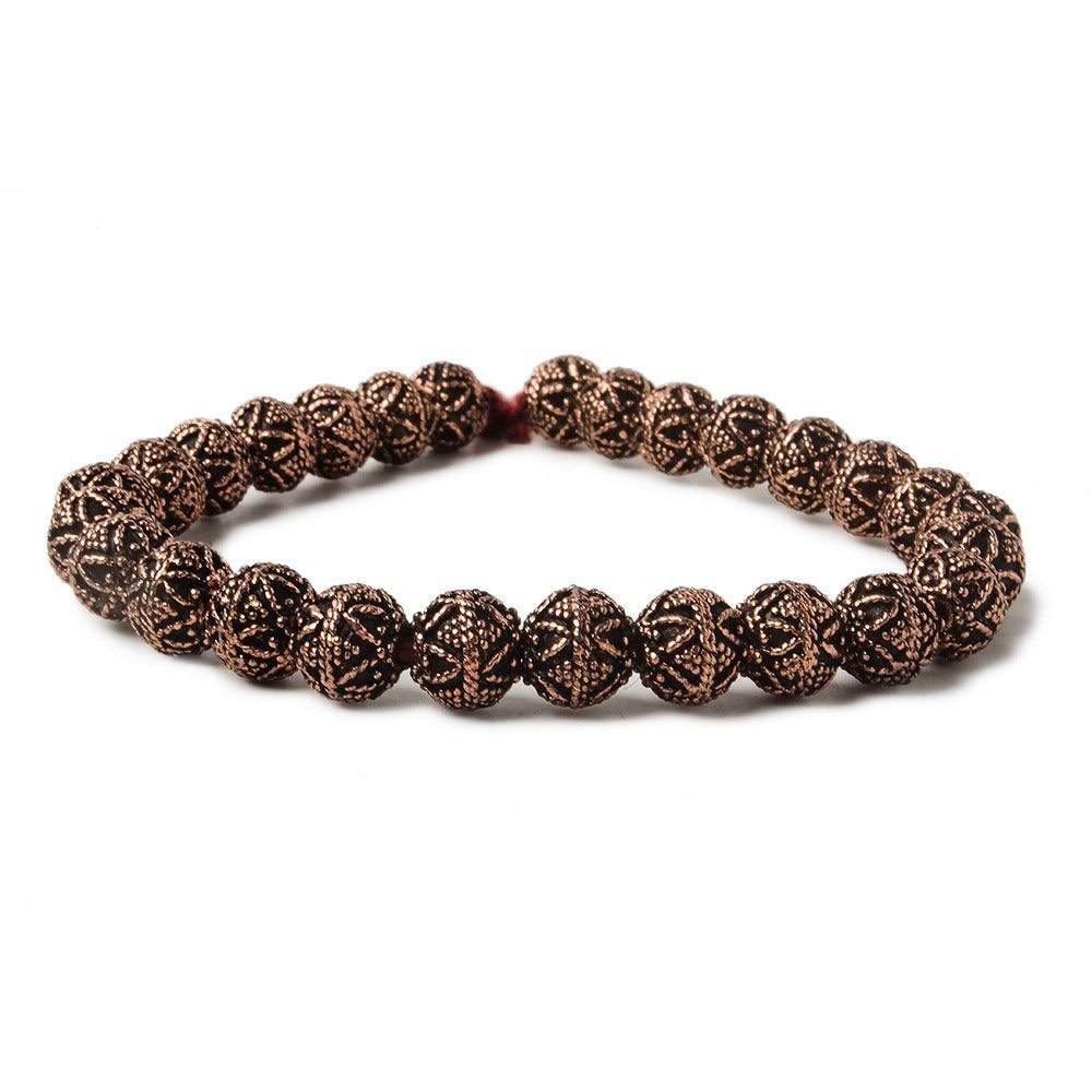 8mm Antiqued Copper Bead Round Miligrain Triangle Design 8 inch 28 pcs (ONLINE ORDER ONLY)