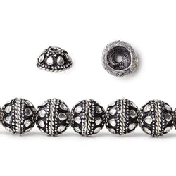 8mm Antiqued Sterling Silver plated Bead Cap Dots and Rope Center Design 8 inch 54 beads (ONLINE ORDER ONLY)