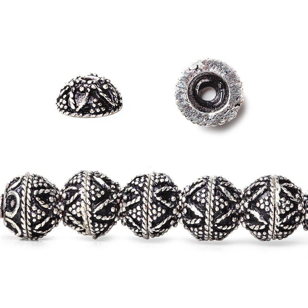 8mm Antiqued Sterling Silver plated Bead Cap Miligrain Triangle and Heart Design 8 inch 54 beads (ONLINE ORDER ONLY)