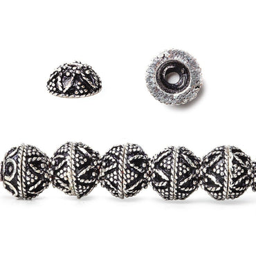 8mm Antiqued Sterling Silver plated Bead Cap Miligrain Triangle and Heart Design 8 inch 54 beads (ONLINE ORDER ONLY)