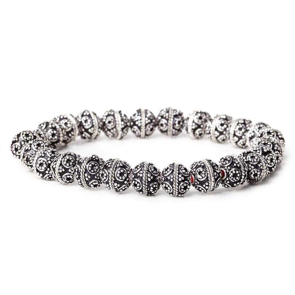 8mm Antiqued Sterling Silver plated Bead Cap Round & Miligrain Circle Design 8 inch 54 beads (ONLINE ORDER ONLY)