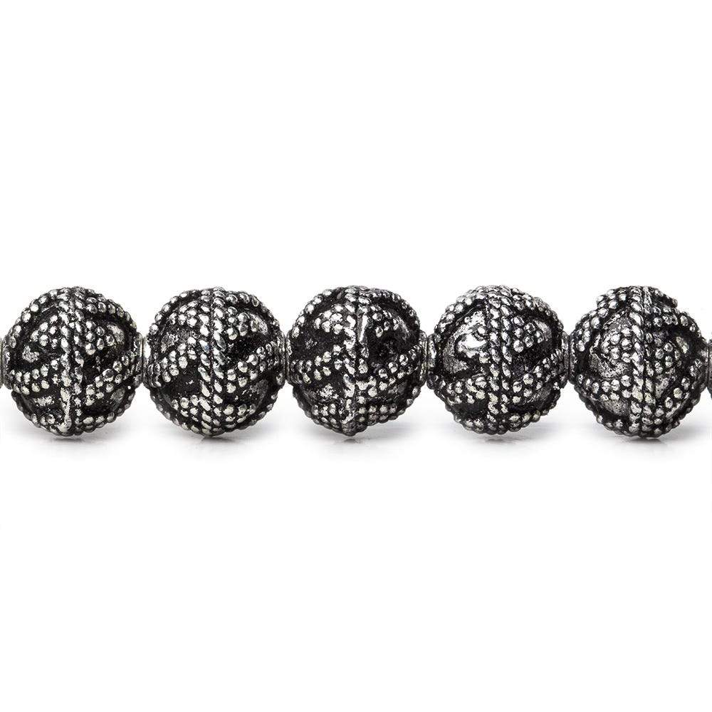 8mm Antiqued Sterling Silver Plated Copper Bead Round, Miligrain Triangles & Swirl 8 inch 28 pieces (ONLINE ORDER ONLY)