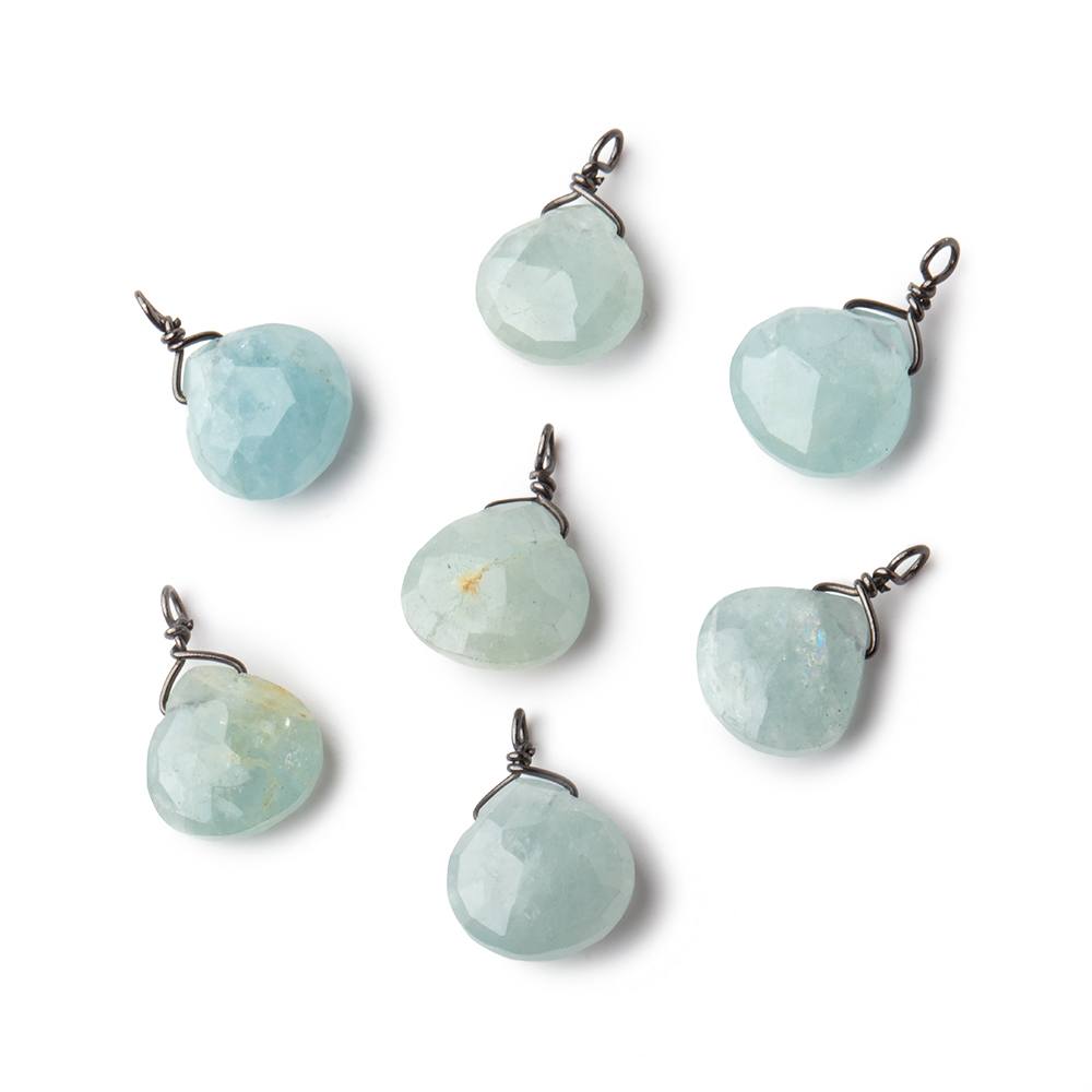 8mm Black Gold Wire Wrapped Aquamarine Faceted Heart 1 Focal Pendant (ONLINE ORDER ONLY)