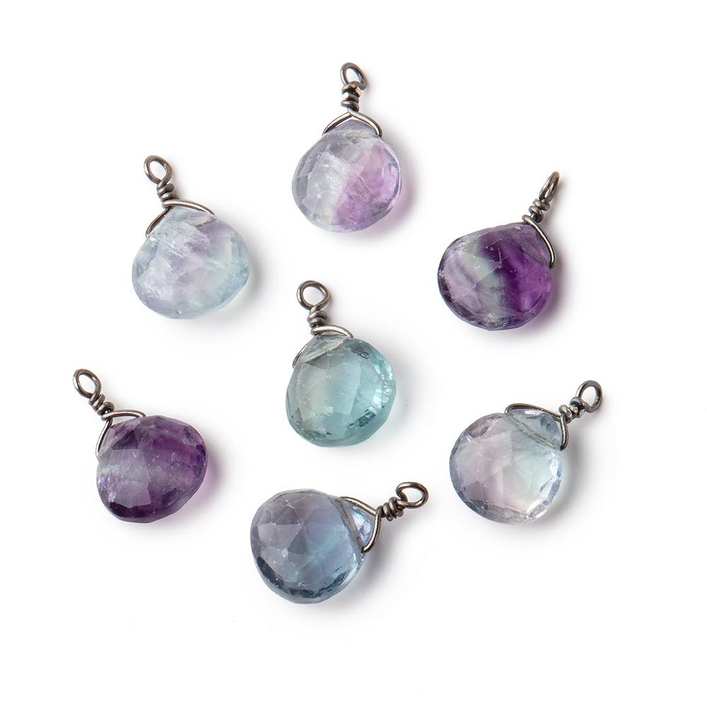 8mm Black Gold Wire Wrapped Fluorite Faceted Heart 1 Focal Pendant (ONLINE ORDER ONLY)