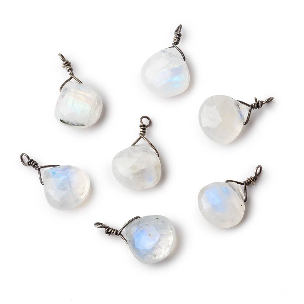 8mm Black Gold Wire Wrapped Rainbow Moonstone Faceted Heart 1 Focal Pendant (ONLINE ORDER ONLY)