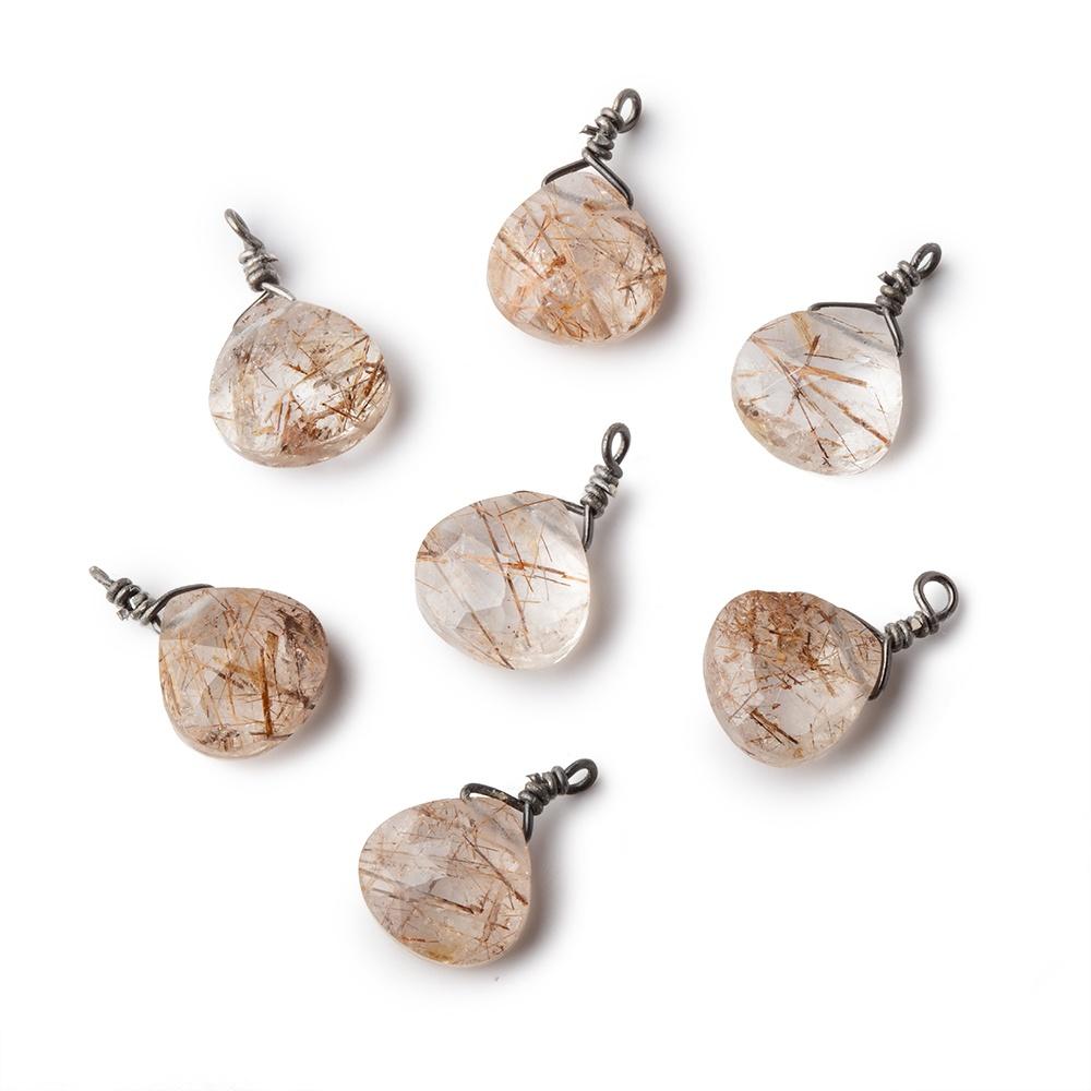 8mm Black Gold Wire Wrapped Rutilated Quartz Faceted Heart 1 Focal Pendant (ONLINE ORDER ONLY)