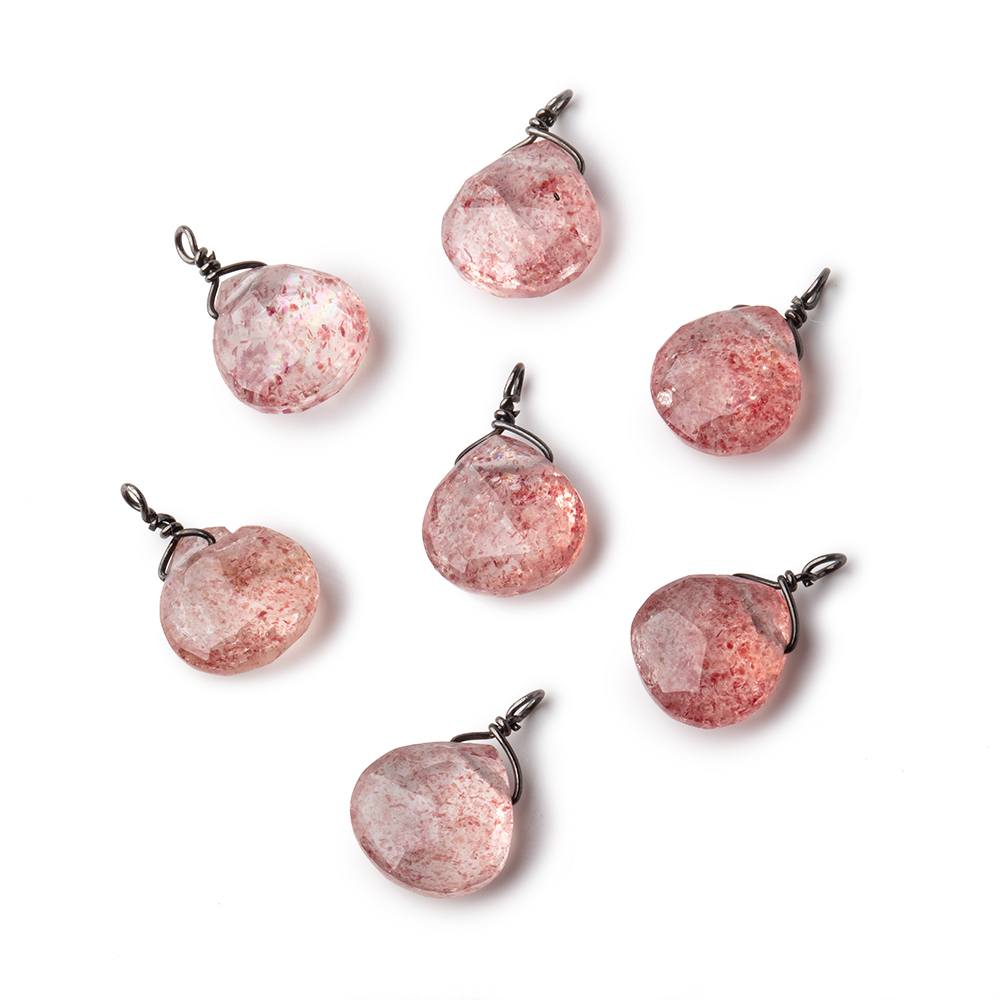 8mm Black Gold Wire Wrapped Strawberry Quartz Faceted Heart 1 Focal Pendant (ONLINE ORDER ONLY)