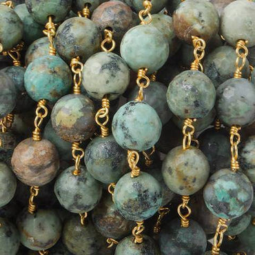 8mm Matte African Turquoise faceted round Gold plated Chain (ONLINE ORDER ONLY)