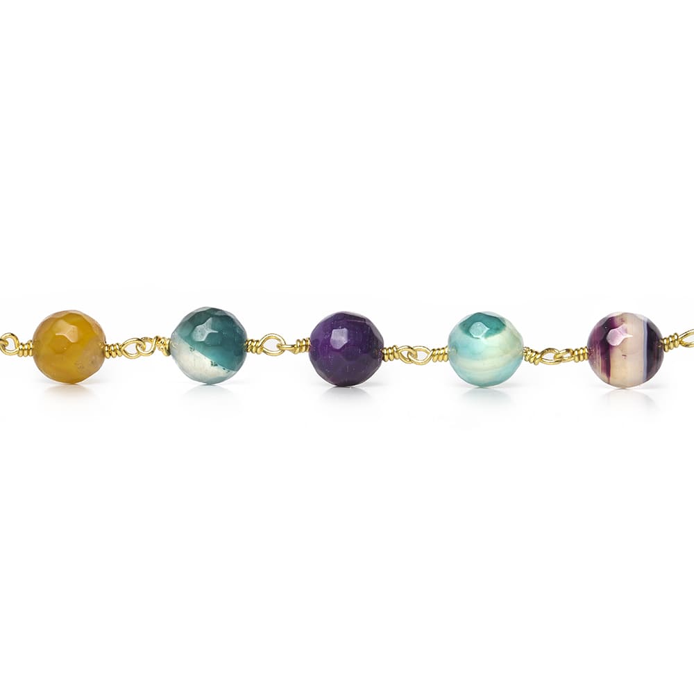 8mm Multi Color Festive Agate faceted round Gold Chain by the foot 21 beads (ONLINE ORDER ONLY)
