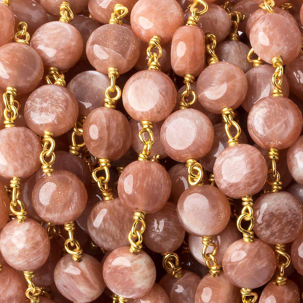 8mm Peach Moonstone puffy coin Vermeil Chain by the foot 23 beads (ONLINE ORDER ONLY)