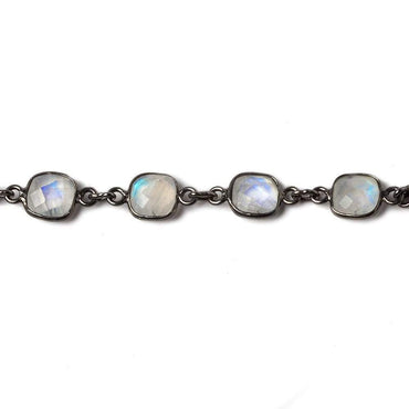 8mm Rainbow Moonstone Pillow Oxidized Silver .925 Bezeled Chain by the foot 20 pcs (ONLINE ORDER ONLY)