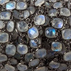 8mm Rainbow Moonstone Pillow Oxidized Silver .925 Bezeled Chain by the foot 20 pcs (ONLINE ORDER ONLY)