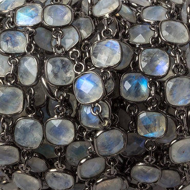 8mm Rainbow Moonstone Pillow Oxidized Silver .925 Bezeled Chain by the foot 20 pcs (ONLINE ORDER ONLY)
