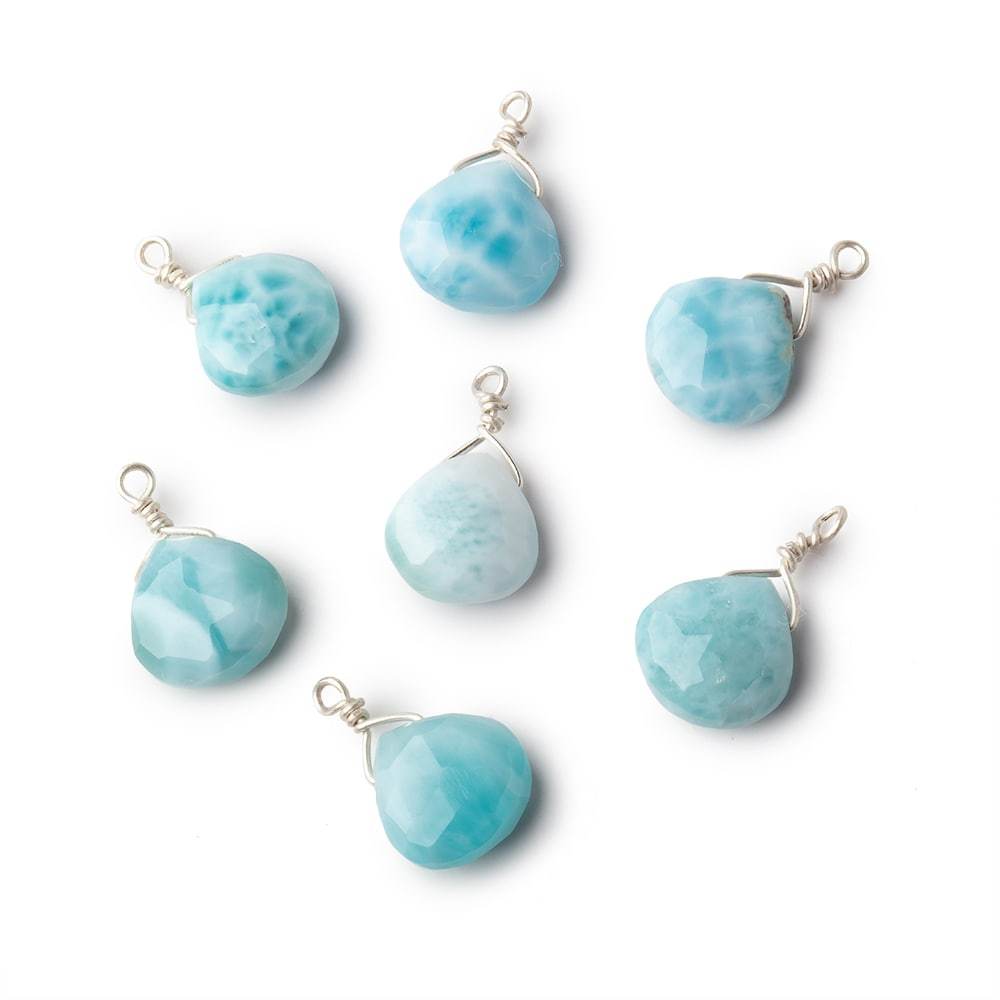 8mm Silver Wire Wrapped Larimar Faceted Heart 1 Focal Pendant (ONLINE ORDER ONLY)