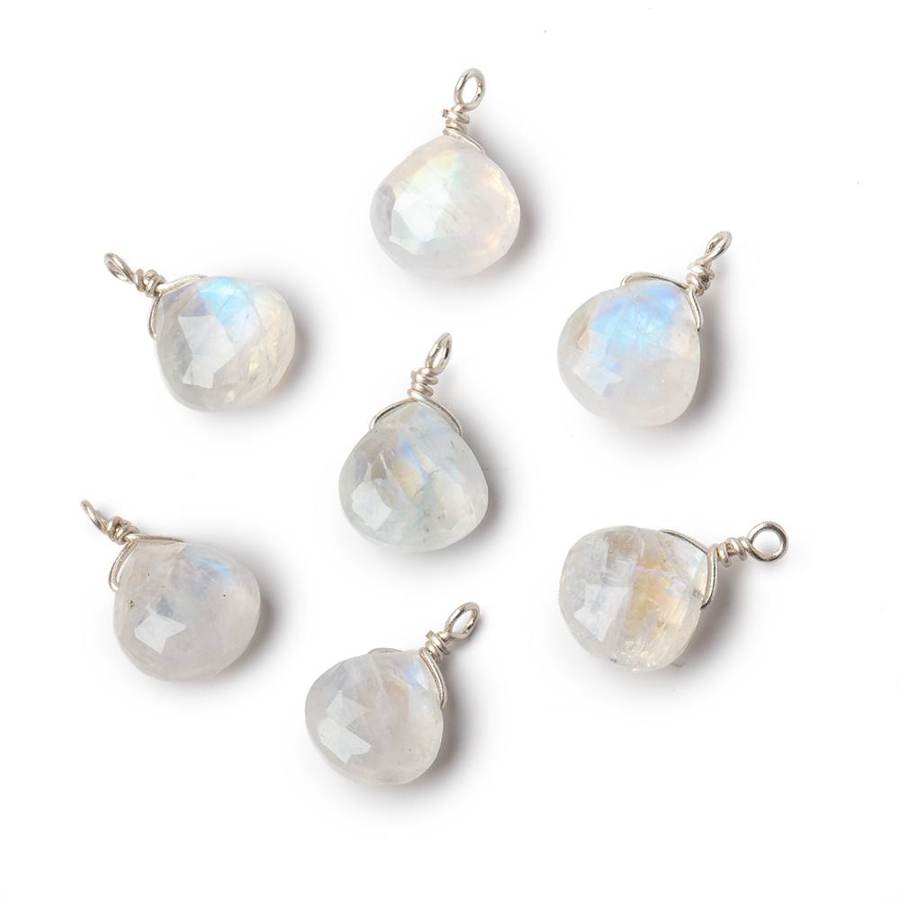 8mm Silver Wire Wrapped Rainbow Moonstone Faceted Heart 1 Focal Pendant (ONLINE ORDER ONLY)
